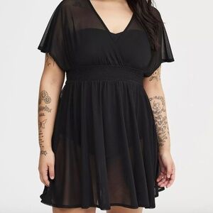 Swim Beach Cover-Up - Black Mesh Smocked Waist
